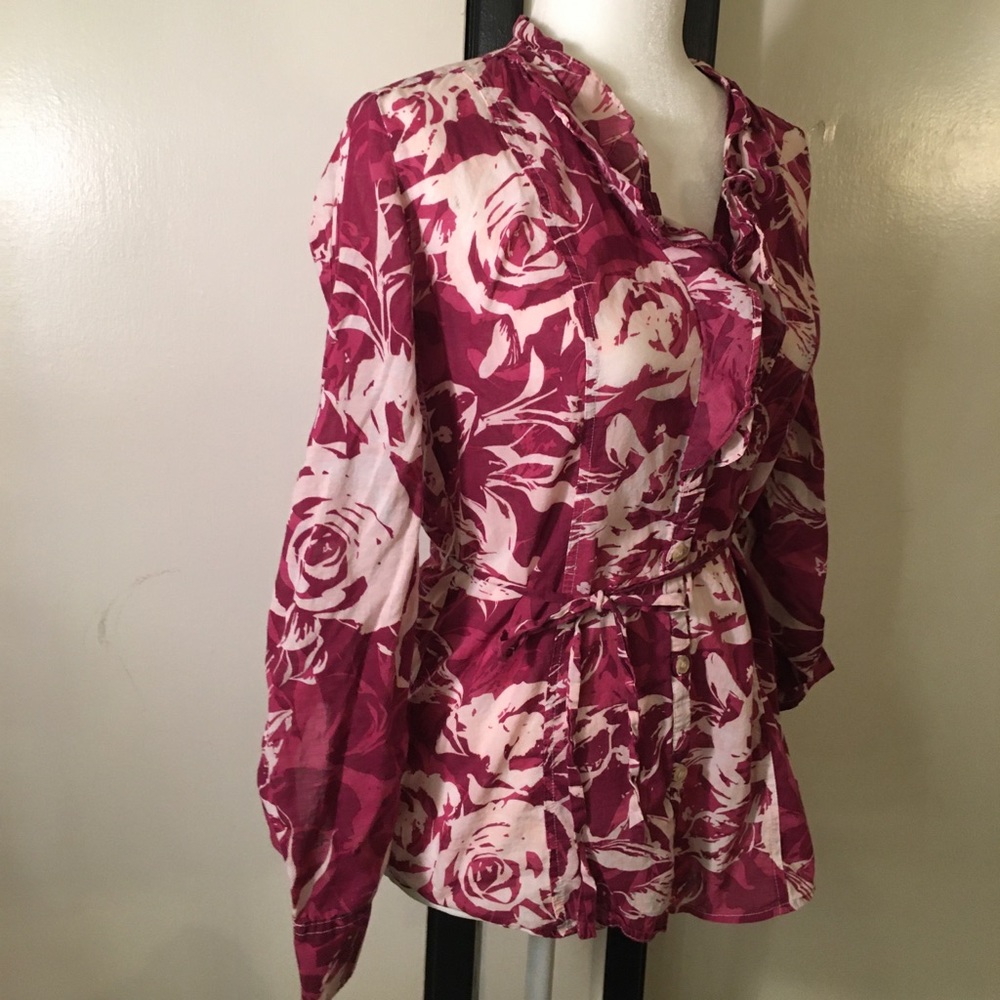 Rose Print ruffle button-up tunic with waist tie